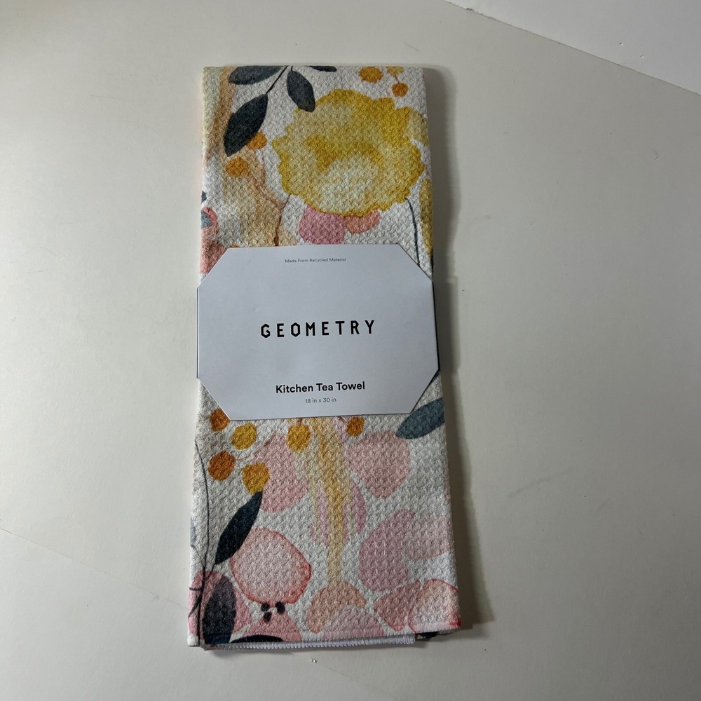 Geometry Kitchen Tea Towels Floral Design Pink Yellow NWT #A